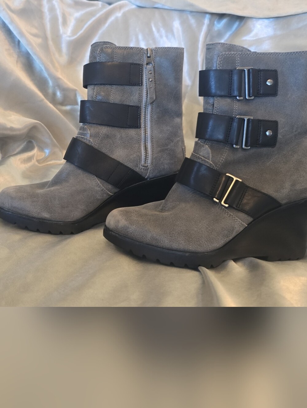 Gray Soft Leather Wedge Ankle Boots with Black Strap Detail